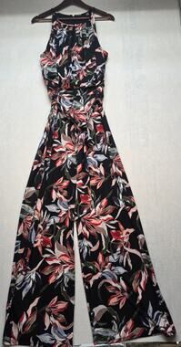 T Tahari Tropical Floral Knit Halter Neck Wide Leg Jumpsuit BoHo Summer (L)